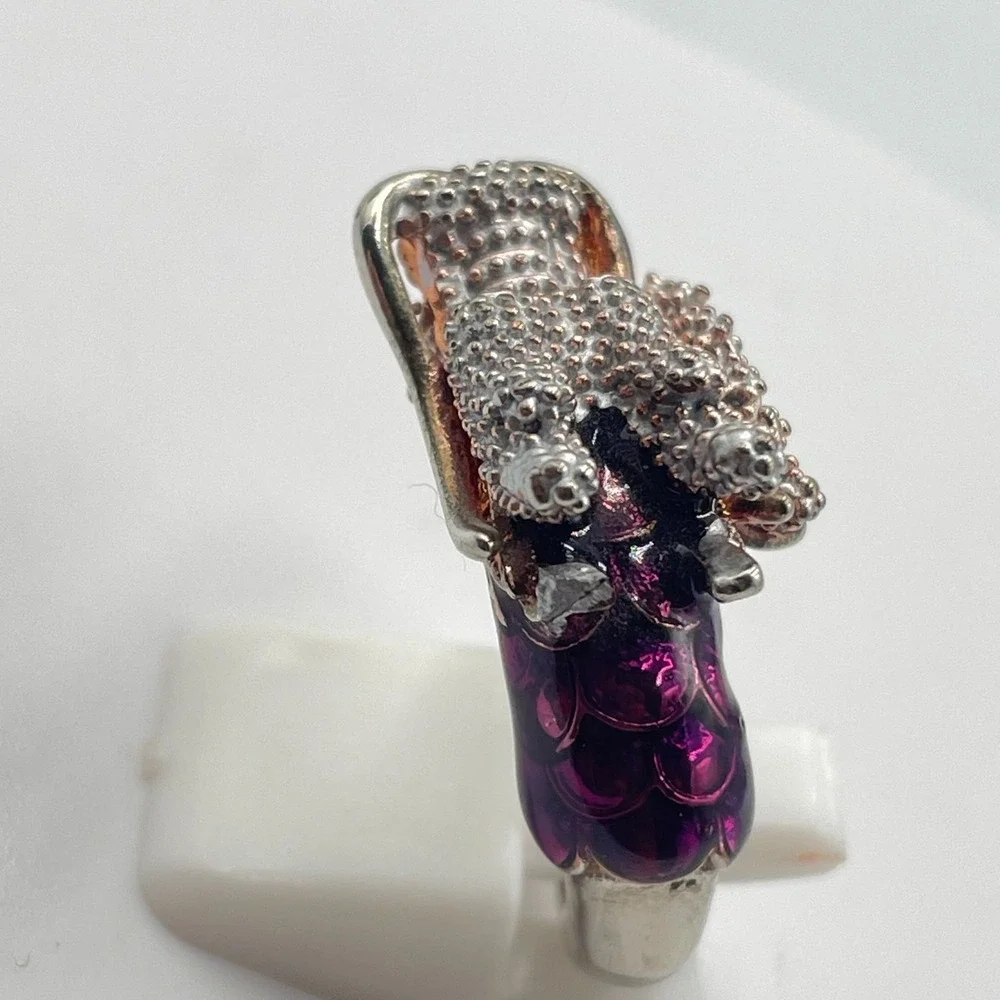 Vintage Silver Tone Textured Dragon Ring Purple Enamel Ruby Red Rhinestone Eyes